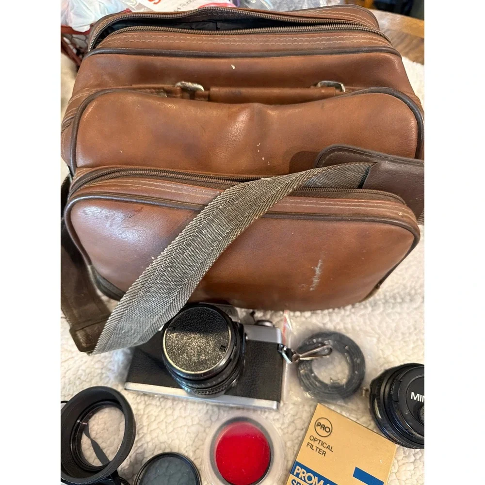 Vintage Minolta SLR Film‎ Camera Bundle with Lenses Filters and Brown Bag